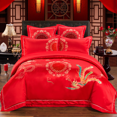 慧爱富安娜家纺欧式婚庆四件套大红色结婚床上用品床单被套件简约