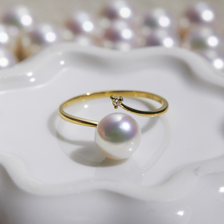 新品 日本天然akoya海水珍珠戒指18K黄金镶嵌钻石开口戒正品圆形