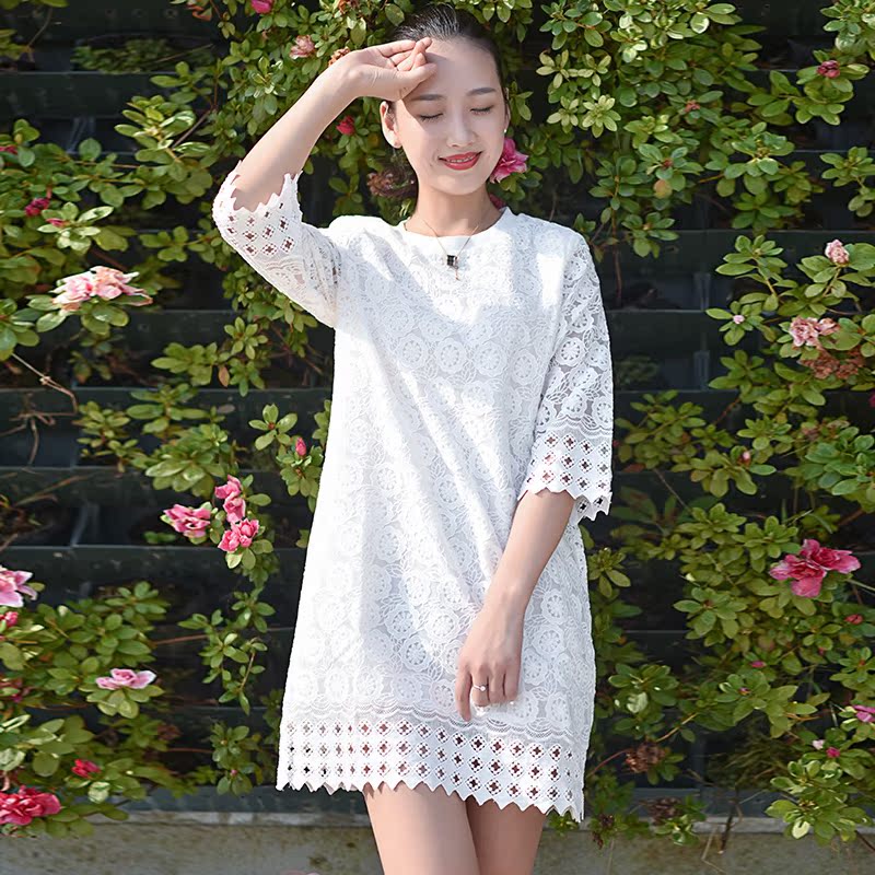 2016秋新款韩版 蕾丝镂空纯色 宽松 圆领 白色连衣裙短裙女