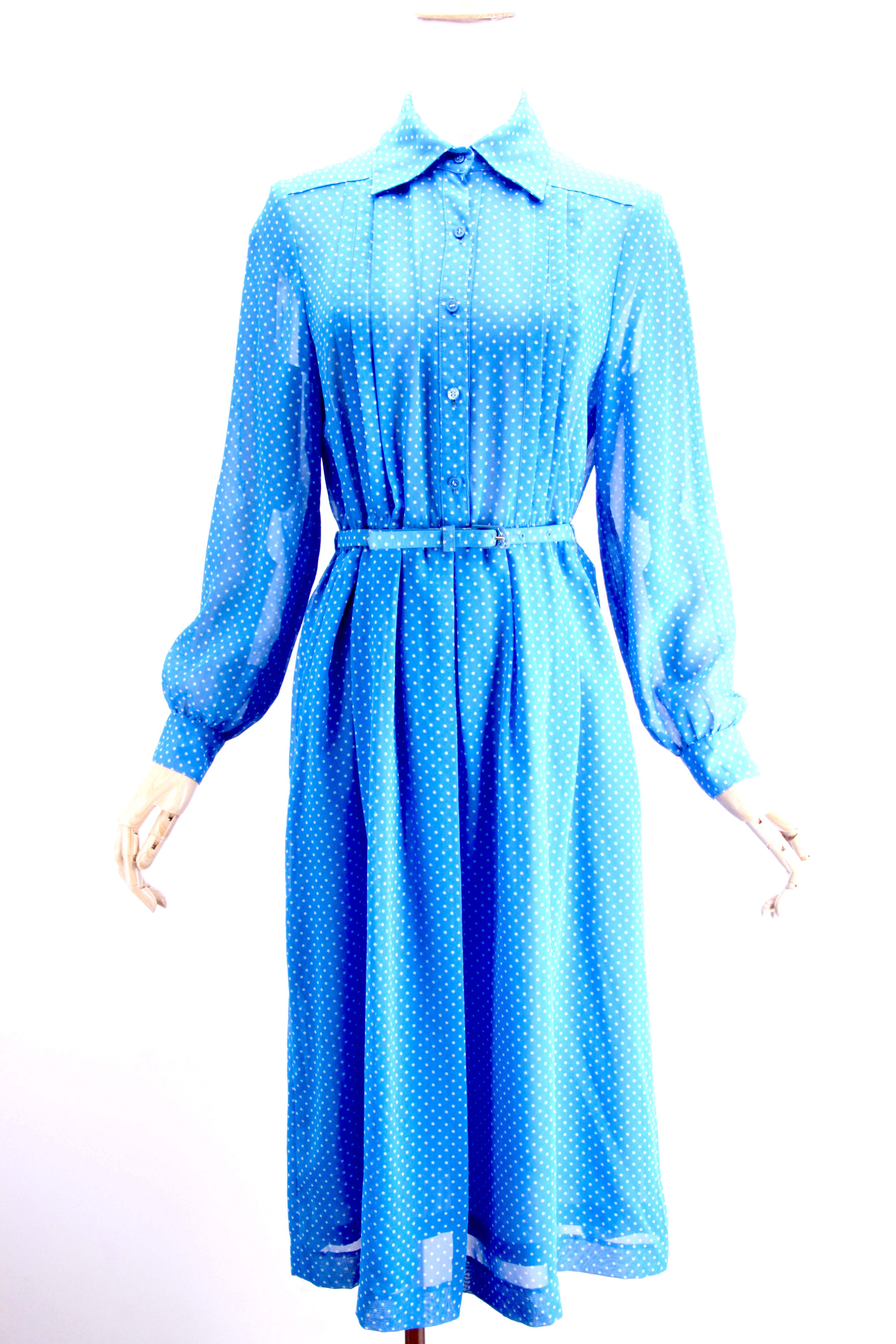 vintage古着 复古少女气质蓝色圆点腰带长袖连衣裙推荐
