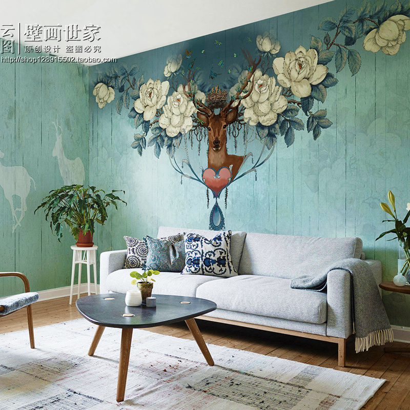 手绘创意电视背景墙纸艺术美式复古壁纸卧室客厅大型定制壁画墙布