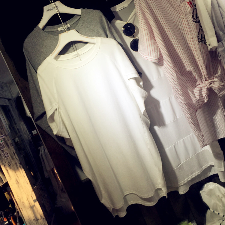 韩国个性T恤女中长款纯白色短袖纯棉宽松大码简约蝙蝠衫女连衣裙
