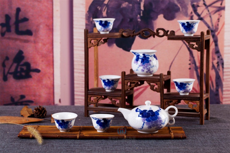 景德镇手绘青花瓷整套茶具 青花玲珑葡萄陶瓷功夫茶具 纯手工绘图