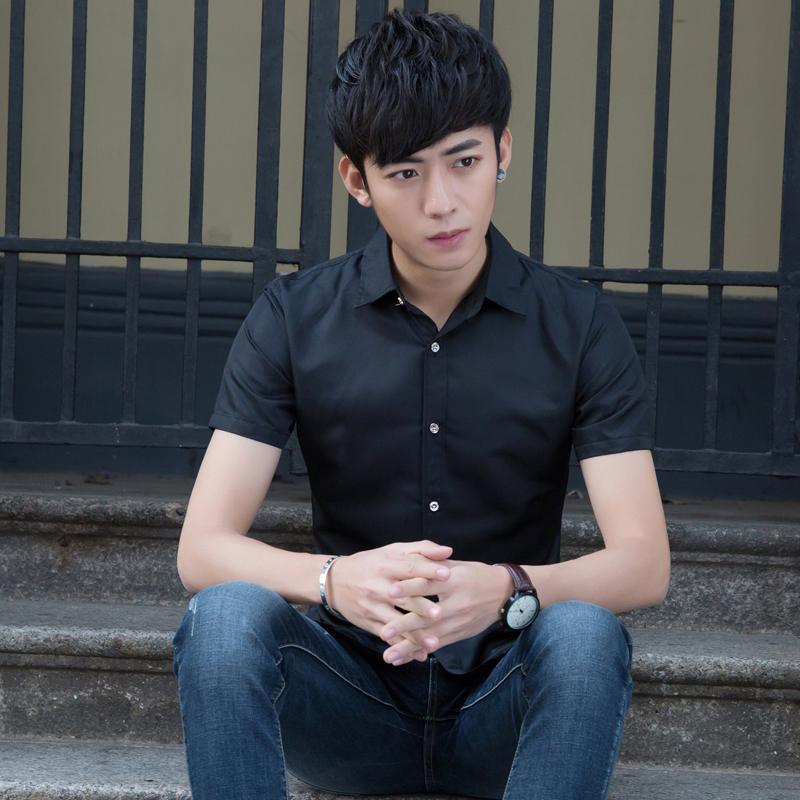 夏季新款短袖衬衫男韩版薄款修身黑色衬衣工装男士青少年学生寸衫