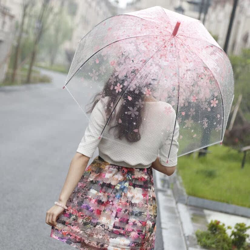 弯钩直柄透明伞 半自动拱形长柄伞透明印花日系雨季热卖雨伞公主