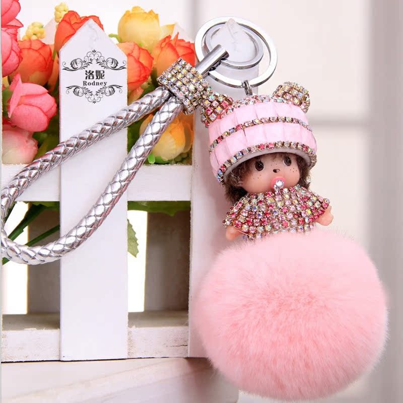 蒙奇奇韩国创意水钻獭兔毛绒包包挂件可爱女士汽车钥匙扣挂饰配饰