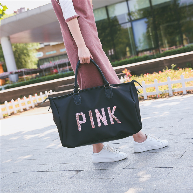 维多利亚pink亮片字母短途旅行包女防水健身包大容量手提包行李袋