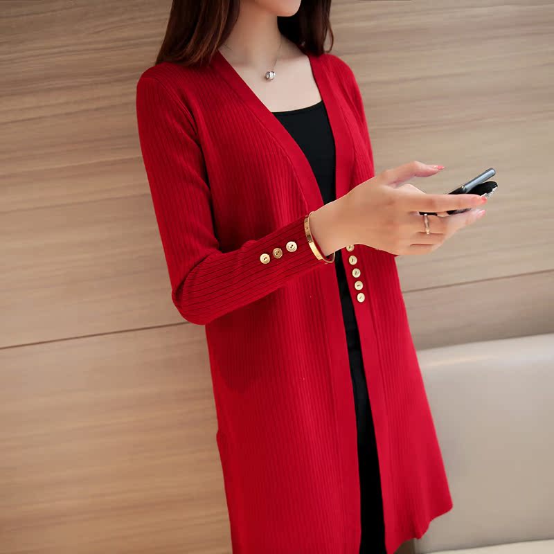 2016秋季新款韩版针织衫女开衫修身中长款百搭长袖毛衣披肩外套潮