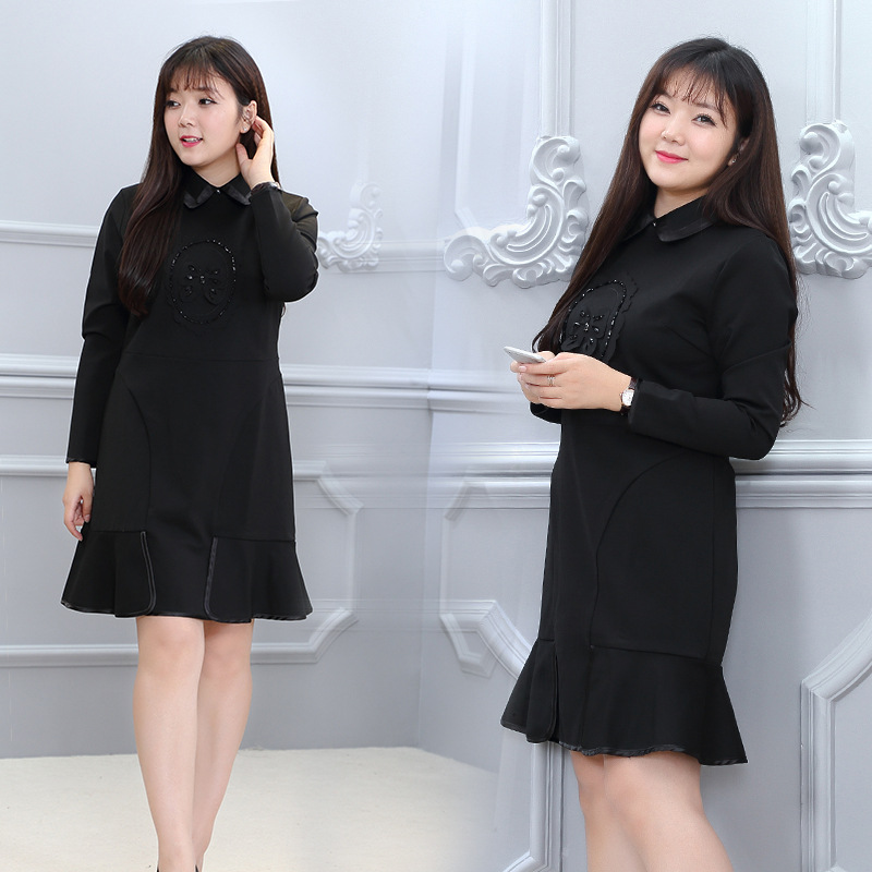 2016韩版大码女装胖妹妹新款秋装加肥加大钉珠连衣裙娃娃领修身裙