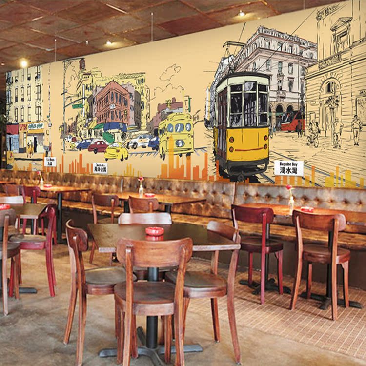 3D香港街景涂鸦港式巴士街角大型壁画餐厅休闲吧奶茶店壁纸墙纸