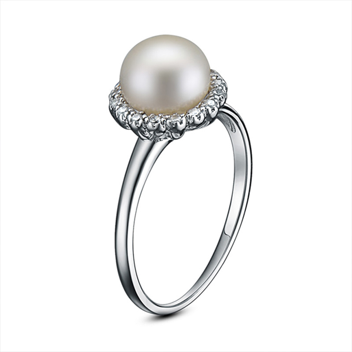 盛放花朵珍珠戒指 925纯银配饰 简约日韩系列 银镶锆石珍珠戒指