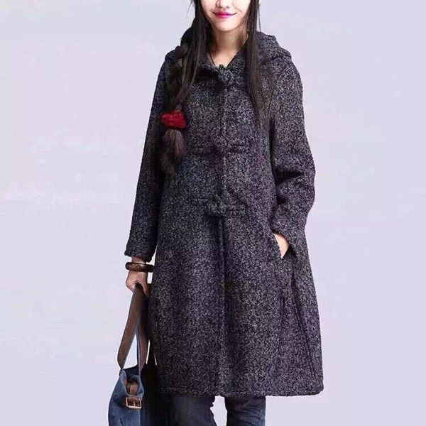 2015冬季新品韩版休闲加厚保暖羊毛尼盘扣连帽灰色女外套包邮
