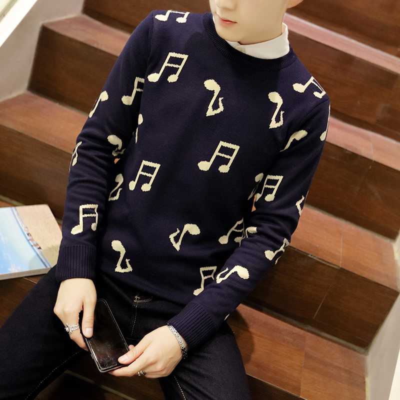 韩版男士套头毛衣男装音乐符号印花圆领针织衫男学生上衣服潮流款