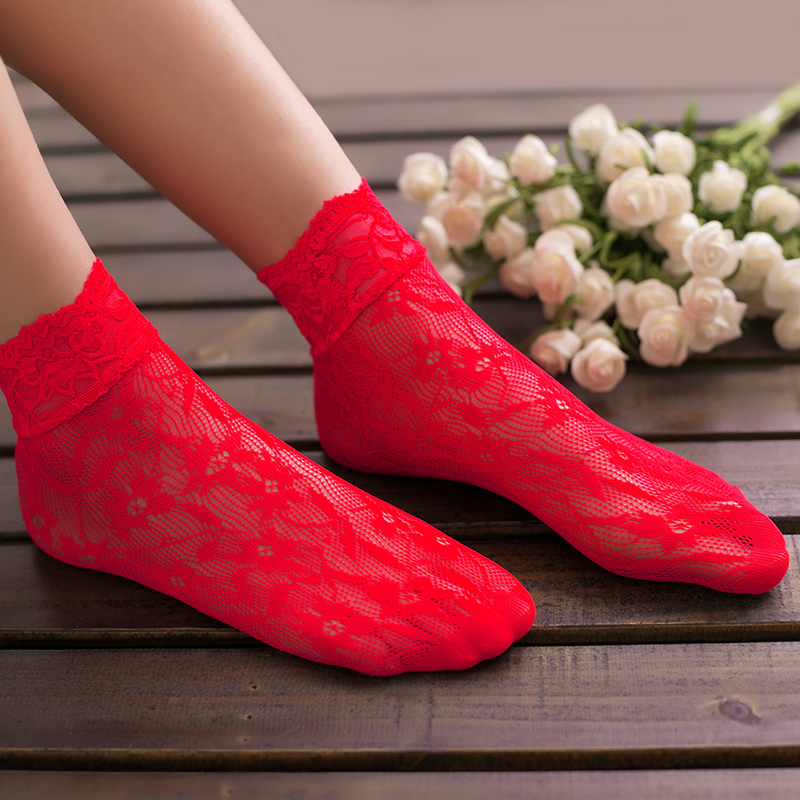喜庆大红色水晶丝袜本命年男女结婚红短袜半透肉透明新娘黄袜子