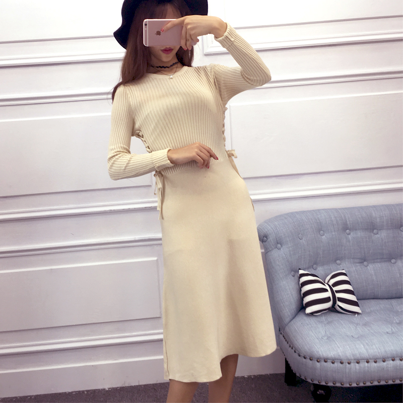 2016秋季韩国气质女人味侧边绑带收腰显瘦长袖弹力纯色针织连衣裙