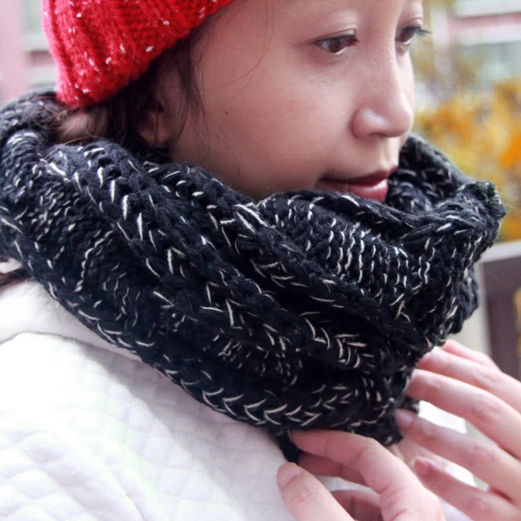 秋冬季韩版保暖加厚女士围脖拼接印花学生年轻人情侣黑色百搭围巾