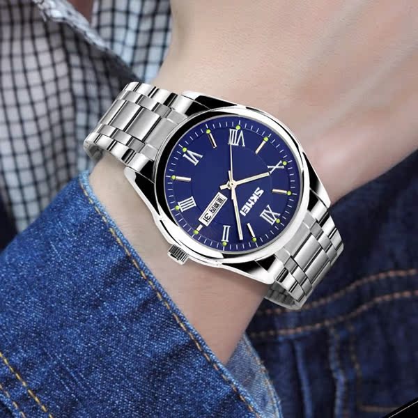 时尚不锈钢表带男士手表 指针圆形腕表男 日历星期显示 防水夜光