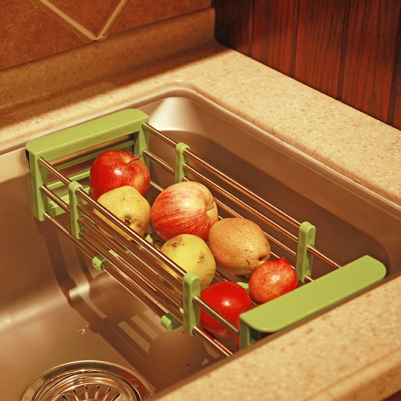 厨房用品不锈钢塑料 可伸缩沥水篮 水槽沥水架水果篮收纳篮碗碟架