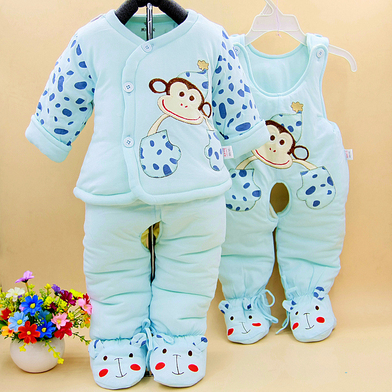 0-3-6个月婴儿棉衣套装 新生儿棉服 冬款加厚背带裤三件套