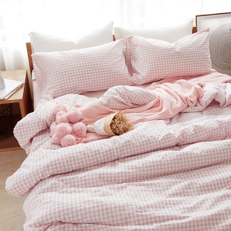 全棉简约纯色格子水洗棉四件套纯棉粉色棉麻被套床单床笠床上用品