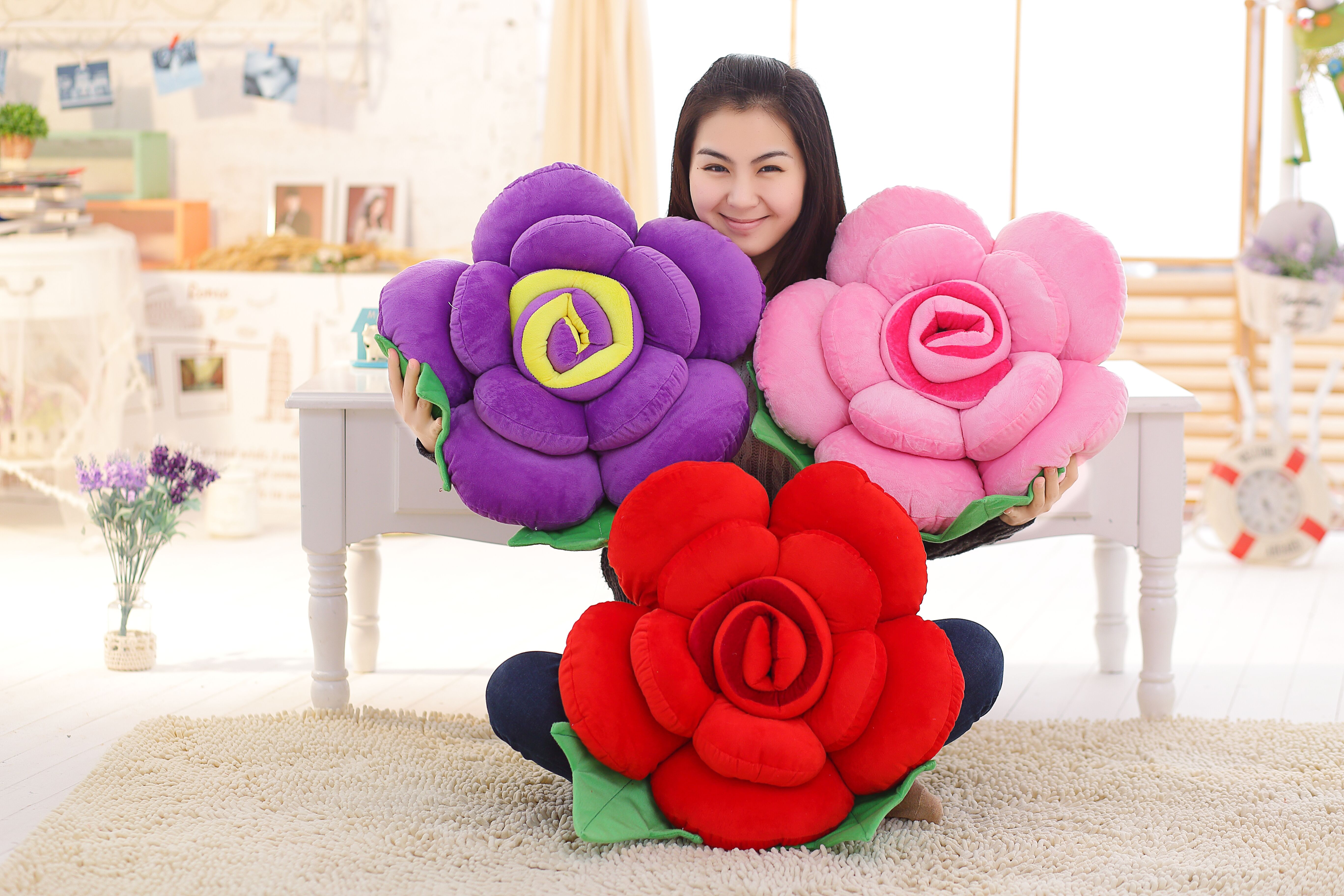 玫瑰花抱枕 毛绒玩具沙发靠垫可爱生日礼物花朵布娃娃公仔玩偶