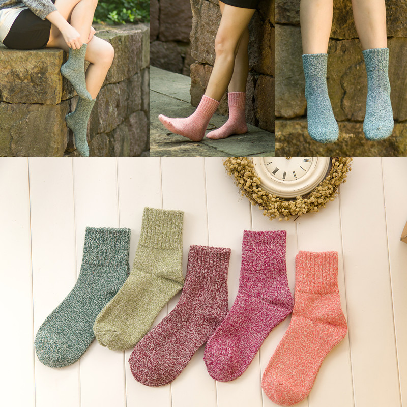 韩版女袜子中筒袜子女士复古粗线纯棉秋冬季加厚毛线袜保暖袜子女