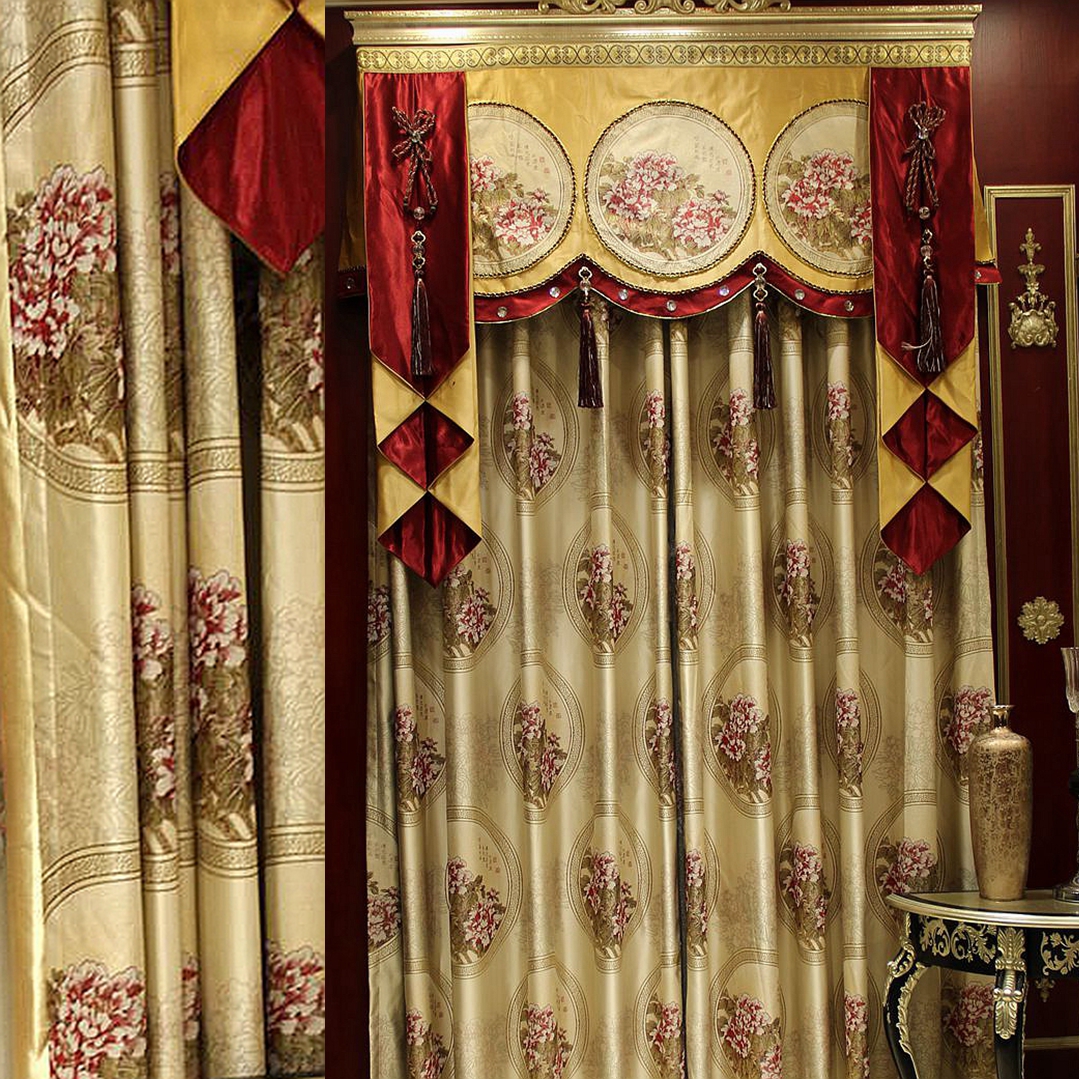 新中式红牡丹花  高精密提花古典窗帘窗纱成品定制卧室客厅落地窗