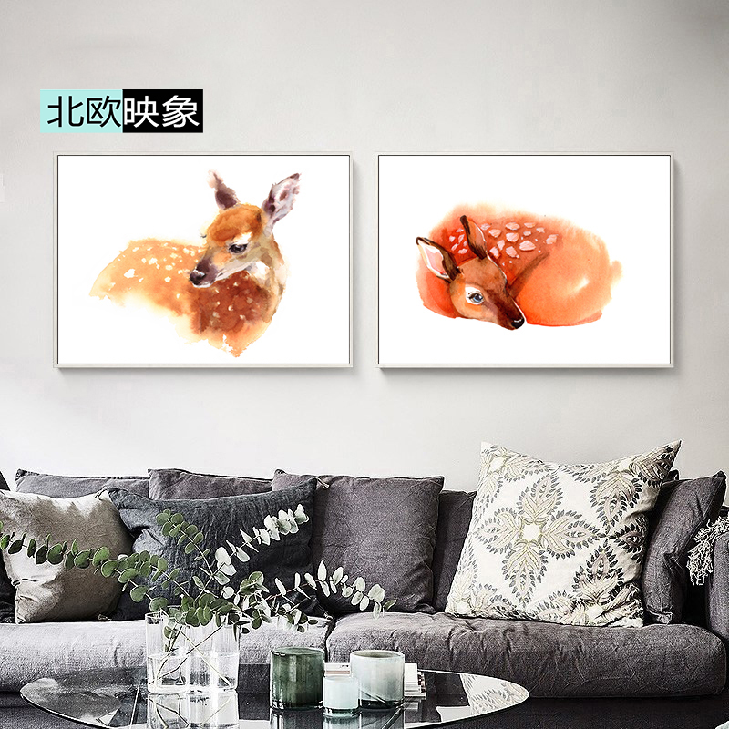 寻鹿北欧餐厅水彩鹿装饰画书房玄关挂画墙画客厅双联动物创意沙发