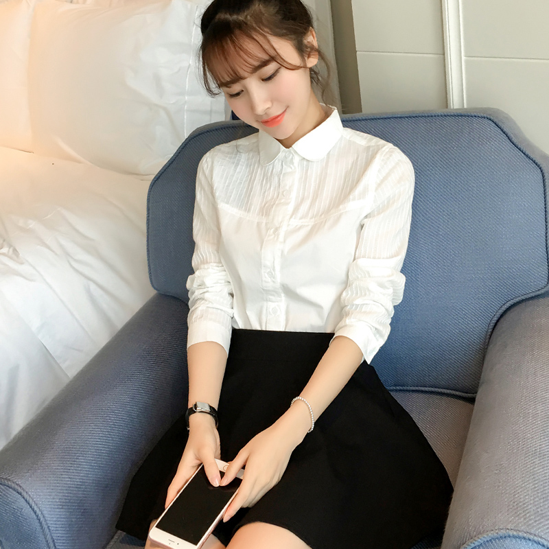 白衬衫女 韩范2016秋季新款女装衬衣竖条纹的拼接翻领纯色打底衫
