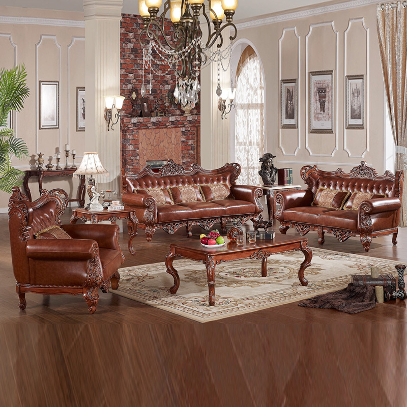 美式古典欧式 豪华复古别墅头层真皮手工双面实木雕花沙发组合123