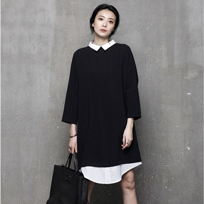 韩国原创正品2016秋装新款宽松显瘦拼接假两件九分袖中长款连衣裙