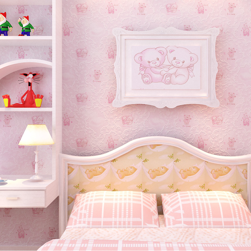 温馨小熊卡通壁纸儿童房加厚无纺布墙纸卧室满铺环保型3D立体透气