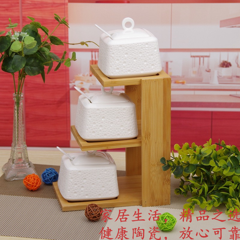 欧式创意礼品竹木宜家白瓷陶瓷厨房调味罐调料罐套装调味盒调料盒