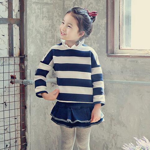 韩国童装2016秋冬韩版女童加厚T恤儿童条纹木耳领抓绒卫衣打底衫