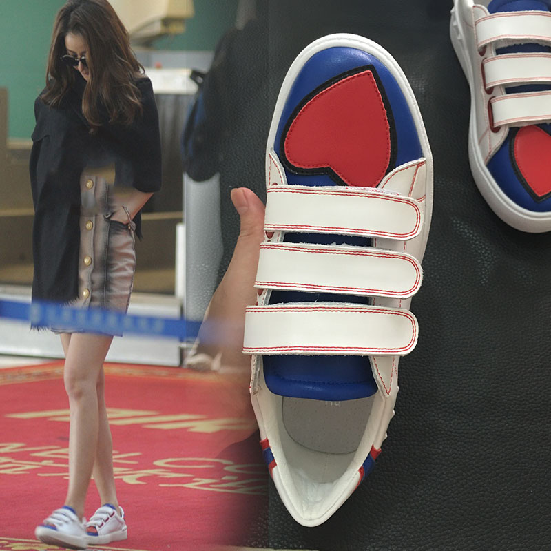 韩版新款真皮运动鞋拼色魔术贴小白鞋爱心鞋乐福学生平底女板鞋子