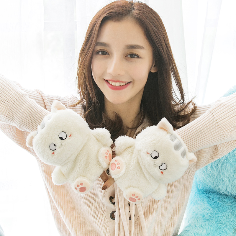 加绒手套女冬学生保暖韩版毛绒可爱卡通猫爪手套露指加厚猫咪手套
