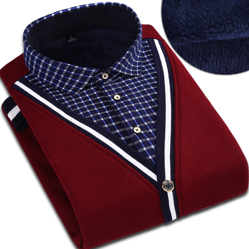 冬季特价加绒加厚假两件保暖衬衫长袖休闲套头酒红本命年保暖衬衣