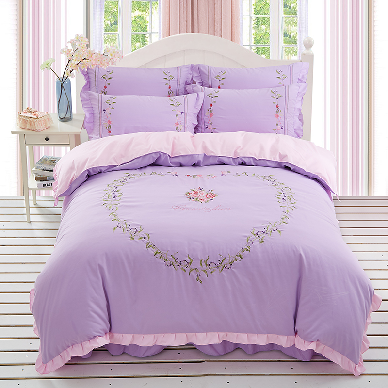 韩版四件套公主风花边纯色绣花1.8M双人被套床单简约时尚床上用品