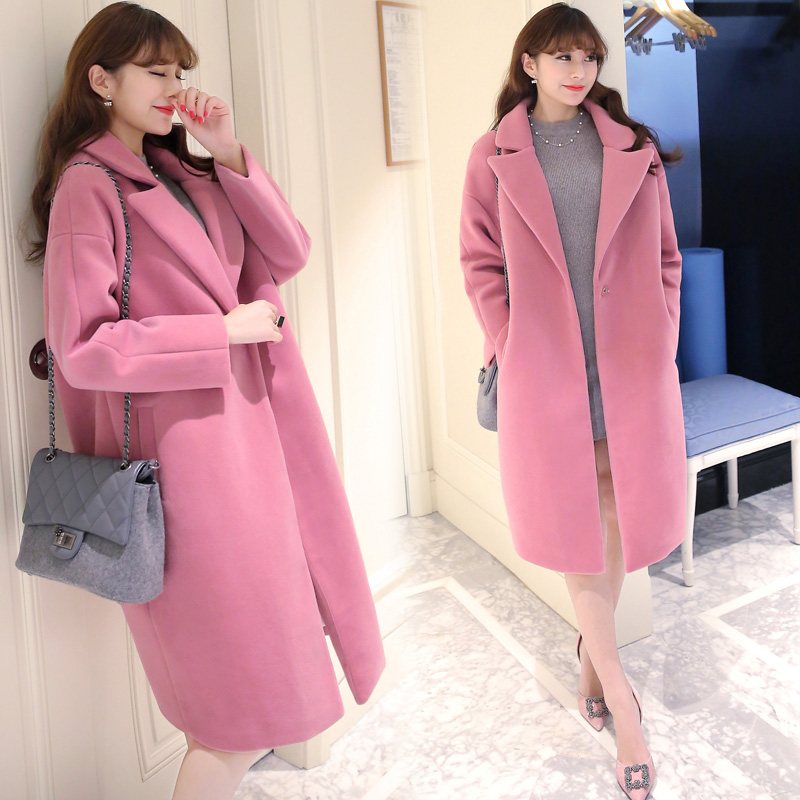 2016秋冬新款韩版粉色中长款茧型呢子大衣宽松加厚双面毛呢外套女
