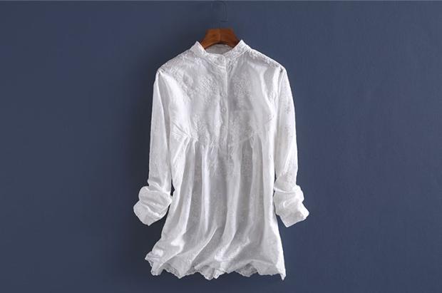 全棉  刺绣蕾丝棉布中长袖 小立领绣花白衬衣