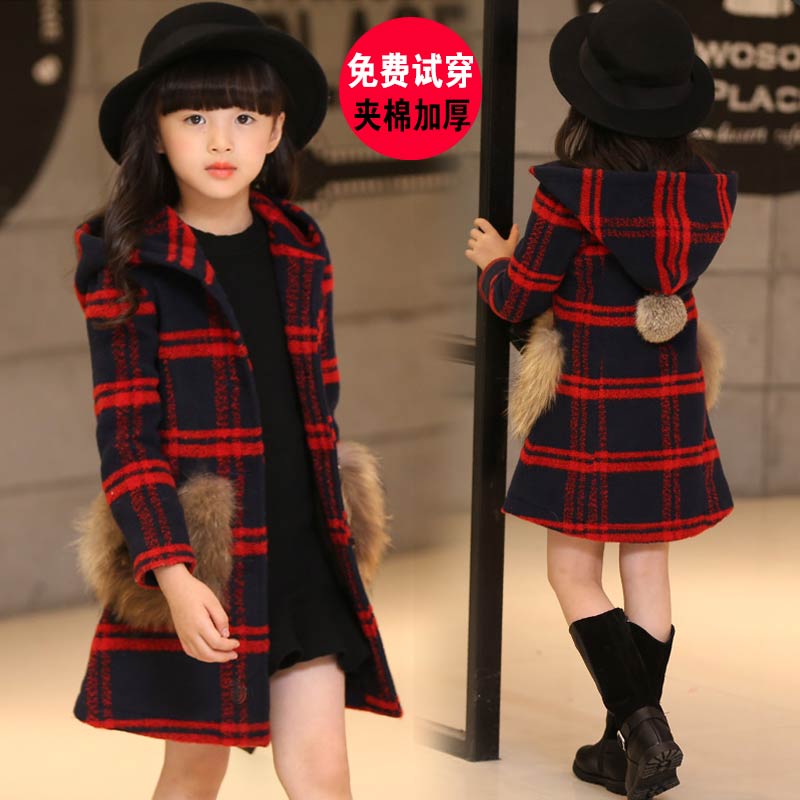 女童装2016冬装新款韩版连帽时尚儿童中大童加厚毛呢大衣呢子外套