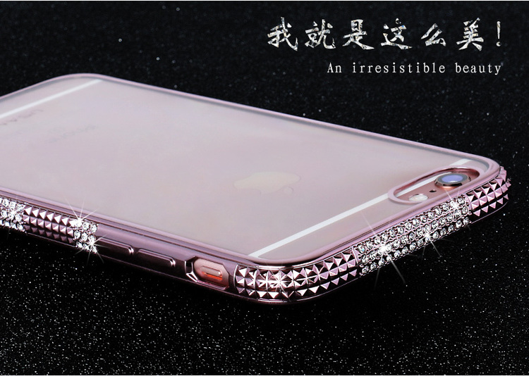iPhone6/6plus手机壳 玫瑰金透明电镀水钻苹果6S保护套5.5软壳女