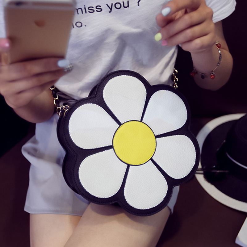 韩版夏新款甜美可爱雏菊花朵单肩斜挎包甜美链条小包小圆包女包潮