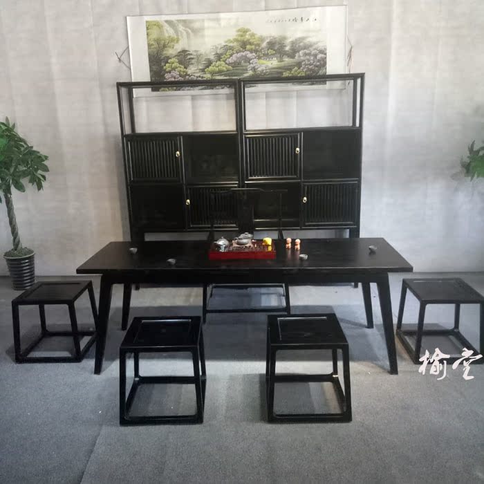 中式书桌老榆木黑漆写字台简约画案办公桌实木茶桌椅组合厂家定制
