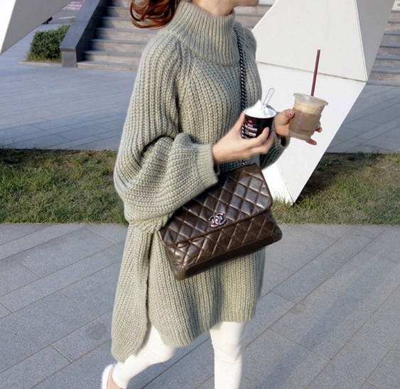 16秋冬季新款韩版女装套头慵懒宽松羊绒针织衫中长款开叉毛衣长袖