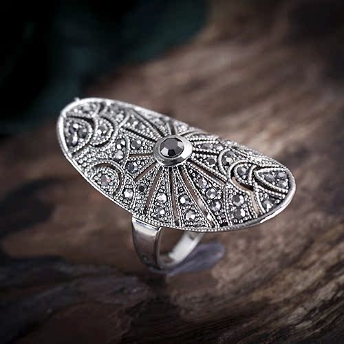 复古镀银泰银工艺夸张爱之守护扇形镶马克赛石戒指 送礼装饰指环