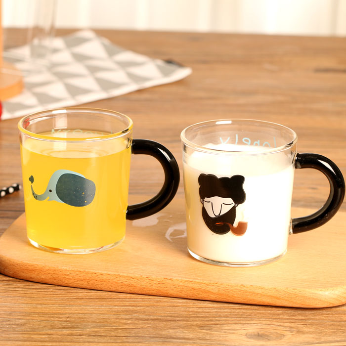 日式卡通系列耐热玻璃水杯 创意牛奶杯果汁杯情侣对杯带把手水杯