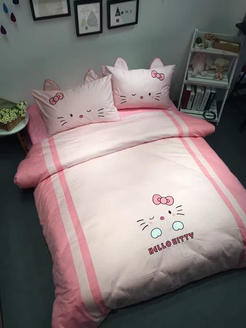 韩国印加绣花立体卡通hellokitty全棉四件套床上用品儿童床单被套