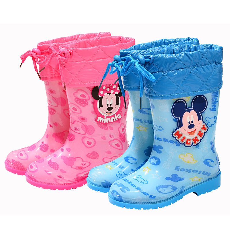 迪士尼男女童冬季防滑底加绒棉内胆可卸儿童保暖水鞋中筒雨鞋靴