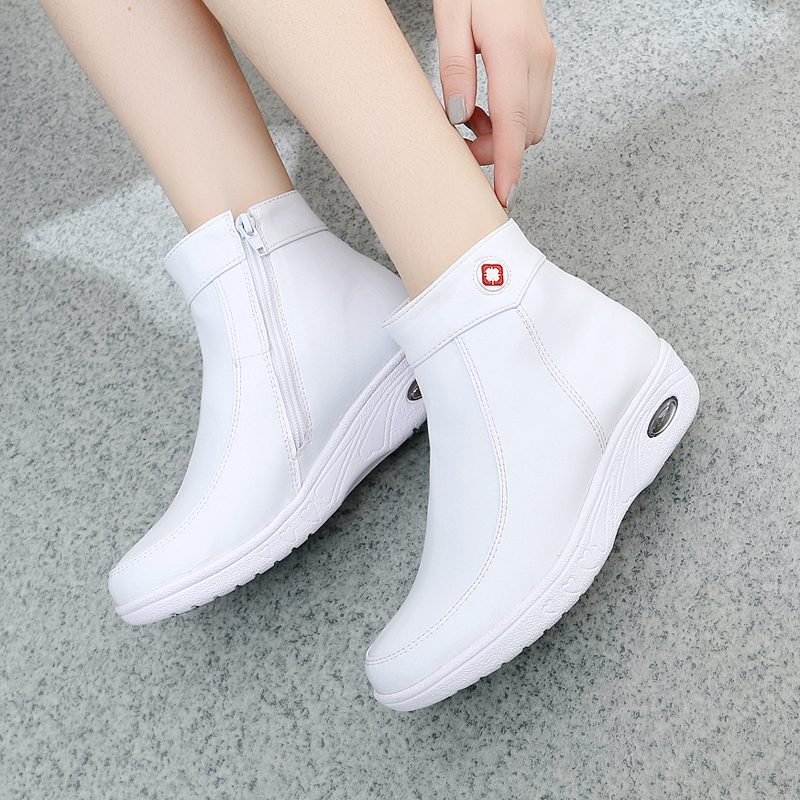 护士鞋气垫白色真皮工作短靴子防滑坡跟加绒保暖妈妈棉鞋包邮